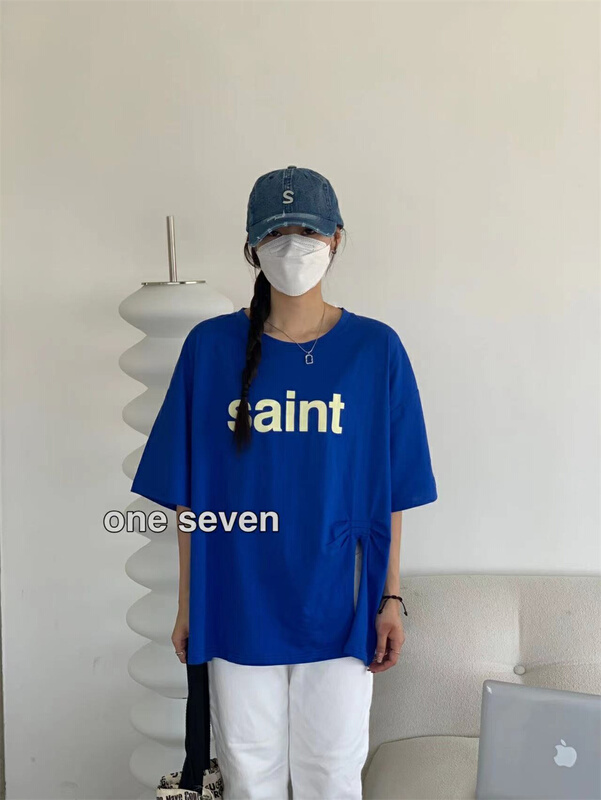 [one seven] loose pleated printed letters short sleeve T-shirt 5108\xyy