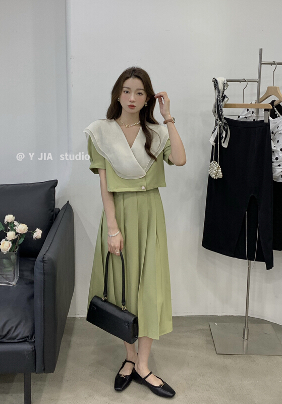 [y.jia EJA] double layer baby neck short sleeve shirt + high waist elastic skirt suit ys4-1003\pcz