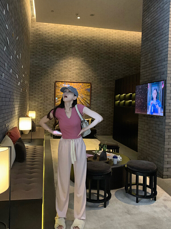 [Amanda] simple slim short sleeve T-shirt + wide leg casual pants set 5085\pcz