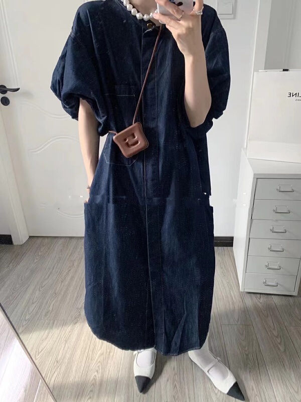 [mi ni] Japanese bubble sleeve thin material denim loose dress (with bag) 1299\pcz