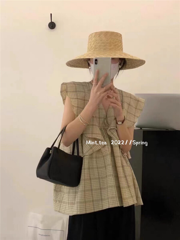 [mint tea] V-neck PLAID RUFFLE shirt 22930\zjy