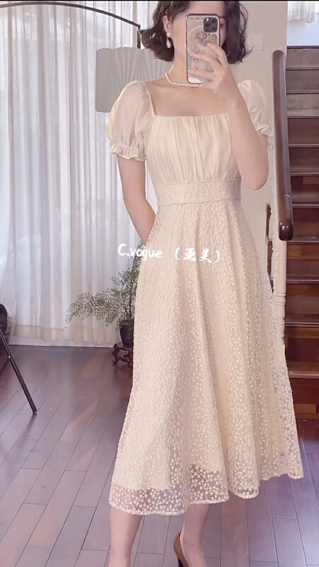 [c.vogue] French square neck stitched embroidery slim dress (dress only) 2355\pcz