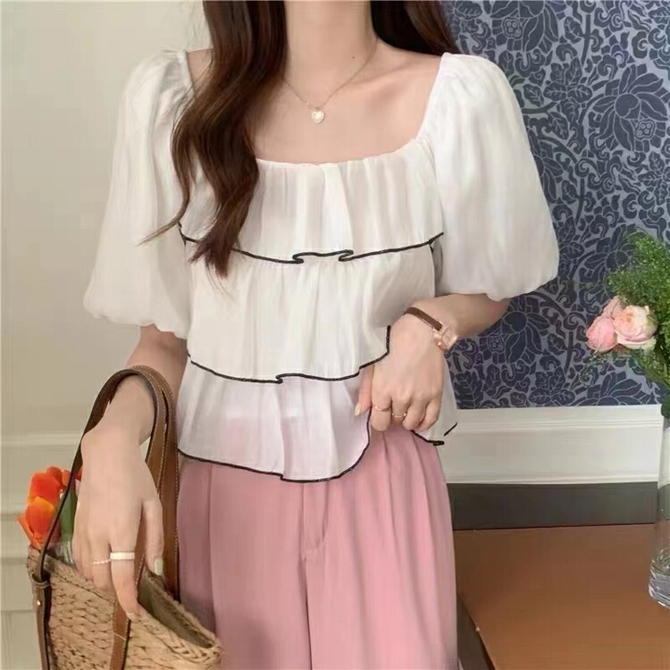 [Moco Moco - small a family] sweet bubble Short Sleeve Chiffon three-layer Ruffle shirt 860\pcz