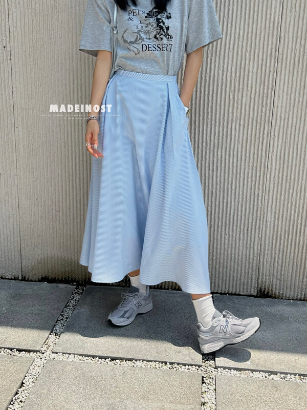 [OSHA madeinost] grain sense stripe A-line umbrella skirt skirt skirt 86386
