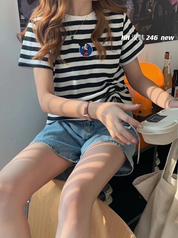 [HH &miss Lai] Mickey Stripe Drawstring short sleeve T-shirt 246\l