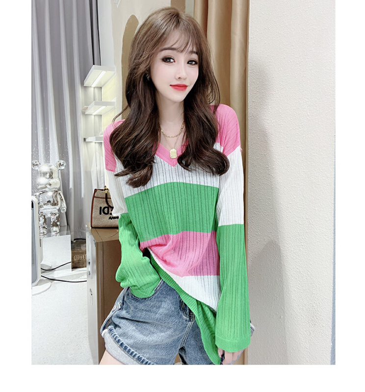 [huole] loose V-neck color blocking T-shirt 1009\wtt