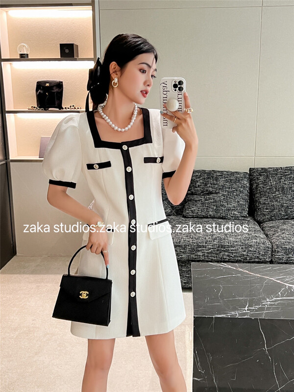 [Zaka] single breasted bubble sleeve lady dress 58339\ll