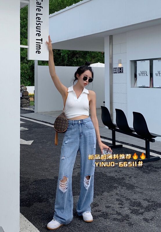 [Yinuo Yinuo denim] torn hole wide leg thin versatile jeans 66511\zjy