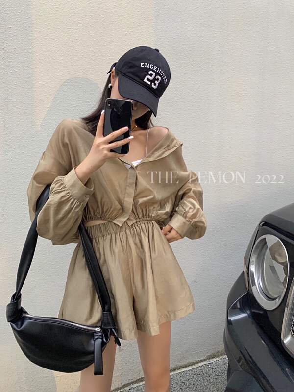 [lemon green tea] casual simple hooded sunscreen shirt + breathable casual Shorts Set 2222\hjy