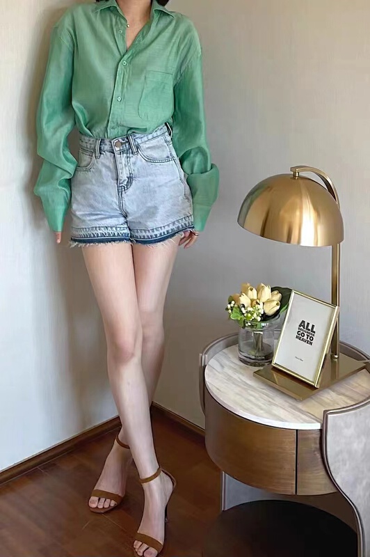 [x2 Vance feather] high waist thin color blocked denim shorts 10073\wtt