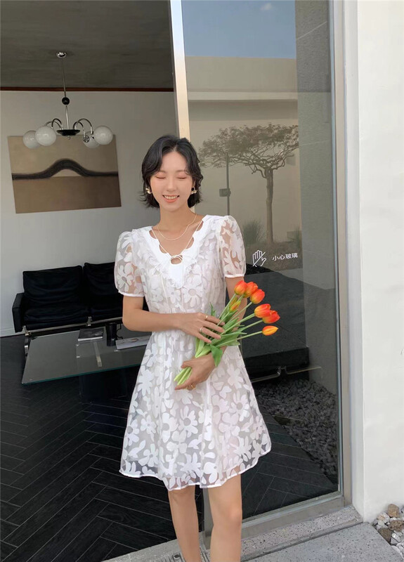 [vanroi Fanluo clothes] sweet and slightly transparent Printed Dress ys2-8378\hjy