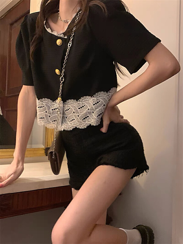[Huaxi] French lace stitched blouse + slim skirt suit 9092\pcz