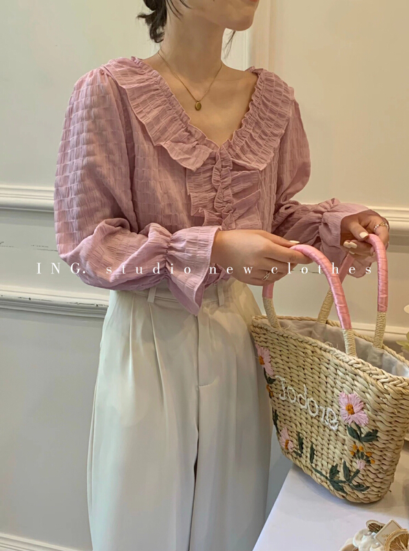 [ing] Korean sweet temperament V-neck Ruffle loose shirt 6889\zsy