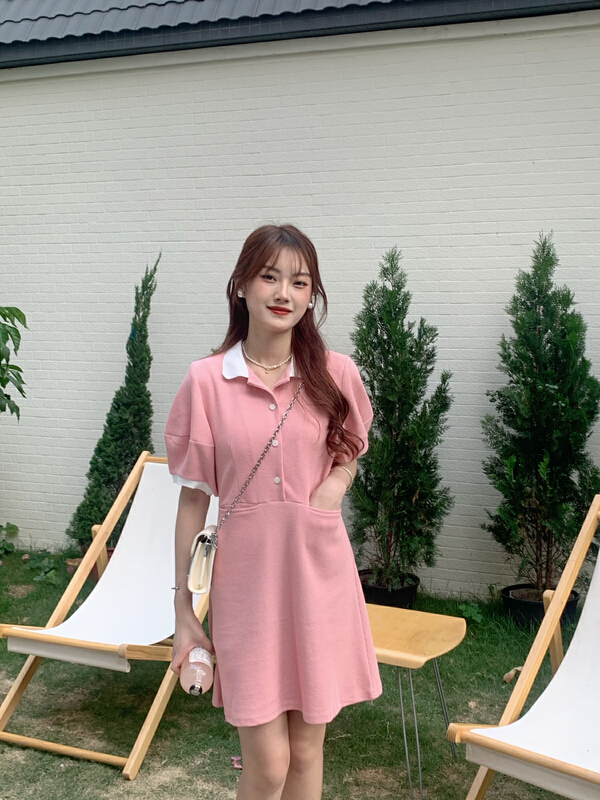 [as] Korean color matching edge bubble sleeve polo collar dress a6549\hjy