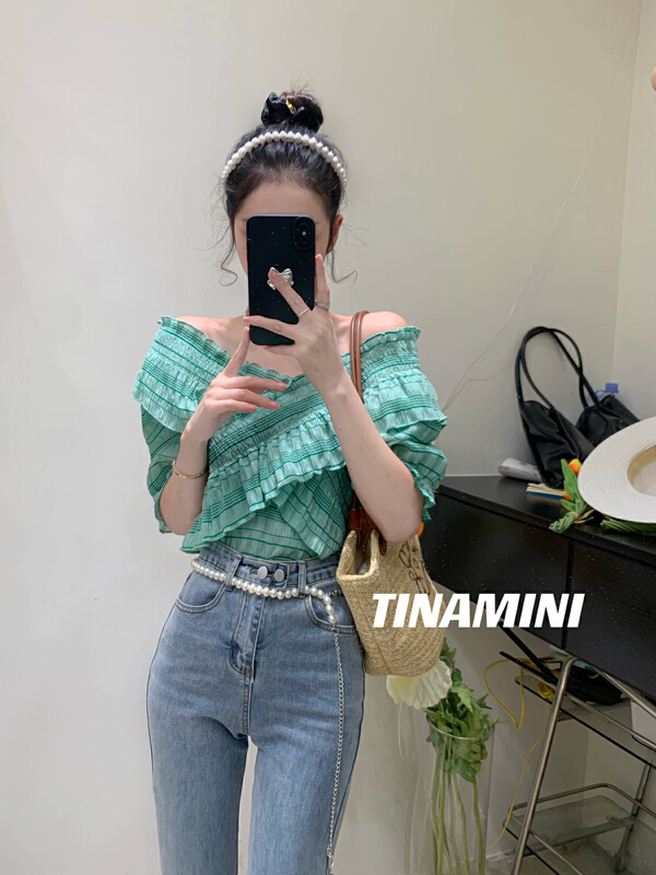 [tinamini] Han Shu V-neck plaid shirt m0227\hjy