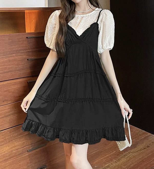 [JH] summer new net red lantern sleeve short sleeve + ear edge suspender Dress Set (only sell set) 42004\pcz