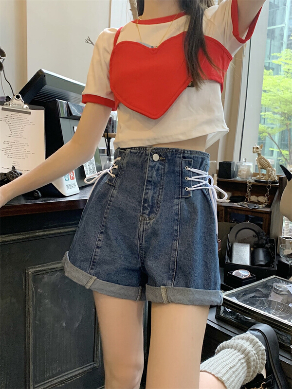 In early summer! [ten. 10] Korean version ins personalized strap design high waist thin denim shorts 9399\wpl