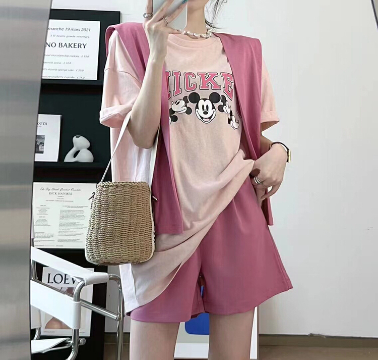 [an studio] Mickey print shawl design Short Sleeve T-shirt (detachable with shawl) ys2-8801\l