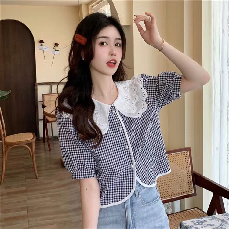 [t+] Patchwork Baby collar plaid shirt 920\ll