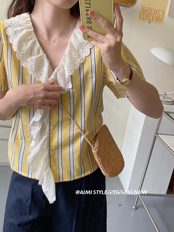 [aimistyle] fresh and simple lotus leaf lace edge V-neck stripe shirt 11050\hbx