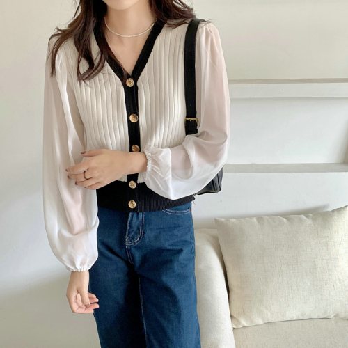 Actual shooting autumn 2022 loose Lantern Sleeve contrast top French style air V-neck splicing chiffon long sleeve knitted cardigan