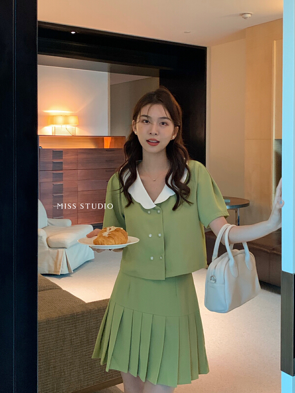 【 miss miss miss home 】 color matching collar top and pleated skirt suit f2253