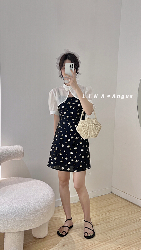 [Lina] CHIFFON FLOWER improved cheongsam suspender dress + elegant shawl suit 0190\hjy