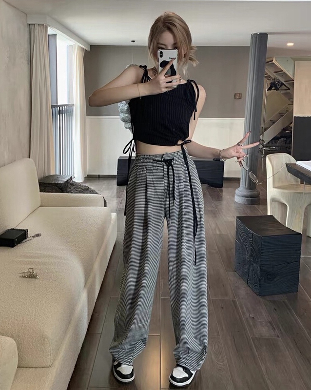 [c.h.z] simple and versatile Plaid wide version slim tether casual pants 78068\wtt