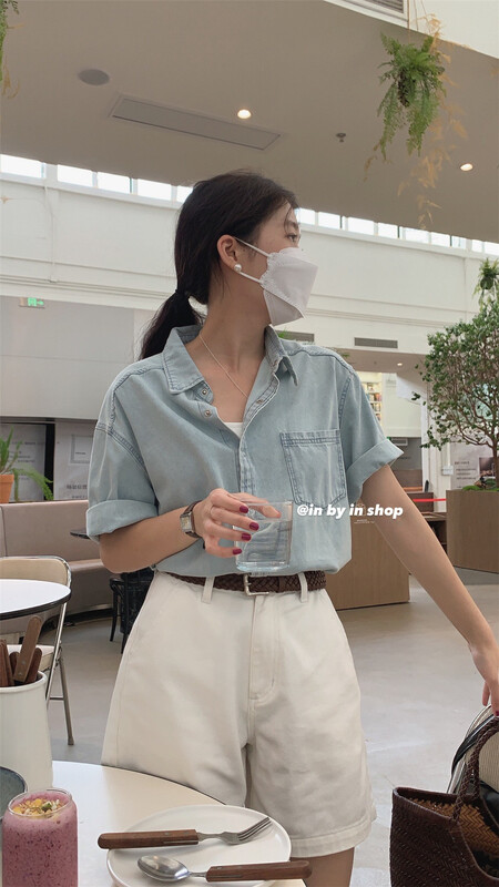 [in by in] Korean versatile short sleeve denim shirt 0908\zjy