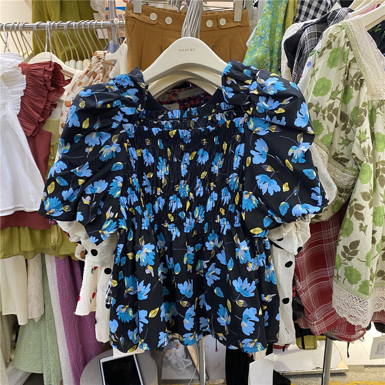[o.lucky] square neck floral bubble sleeve shirt 1909\hbx