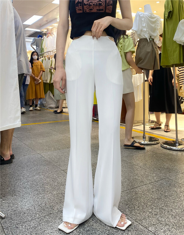 [e-wo] Korean solid color open waist micro flare casual pants 22106\lsw