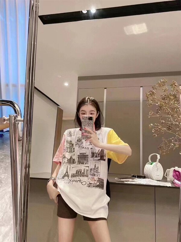 [new time /l&y home] contrast round neck color blocking short sleeve T-shirt 31840\xyy