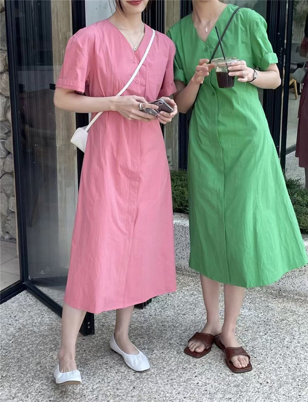 In early summer! [A-One] Korean pocket single breasted solid dress (without belt) ys1-9853\lsw