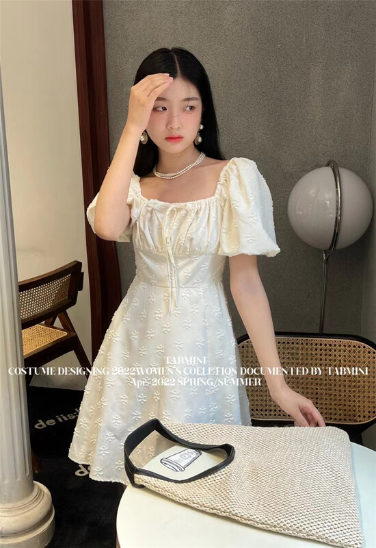 [SYL] square neck bubble sleeve Jacquard Dress (dress only) 5217\l