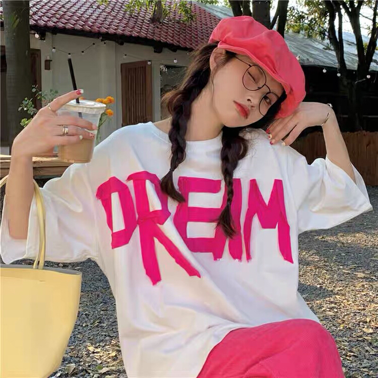 [Daidai] lazy letter printed ribbon round neck short sleeve T-shirt (T-shirt only) ys1-4486\l