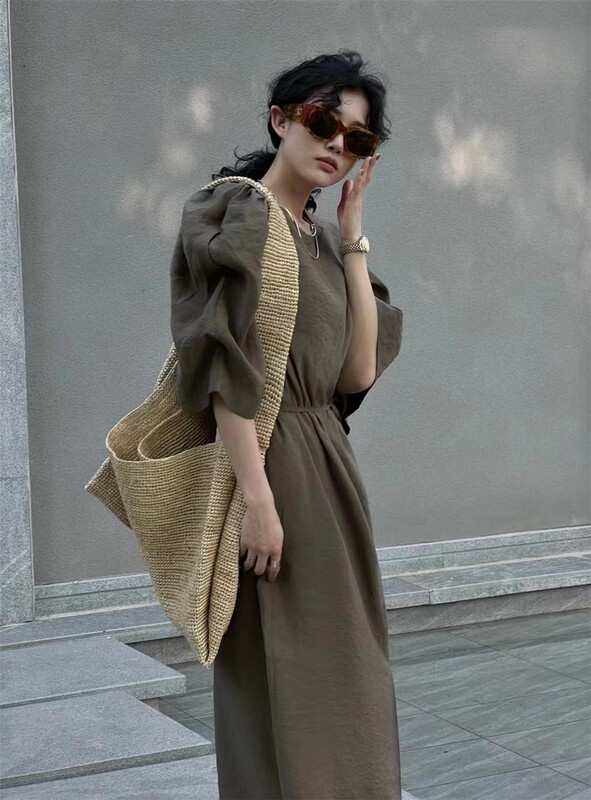 [Yan Zhen] French pleated bubble sleeve loose long dress (with waist rope) 72001\pcz