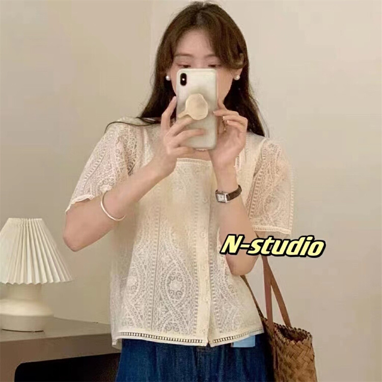 【N】 French retro hollow out square neck shirt 0934\wtt
