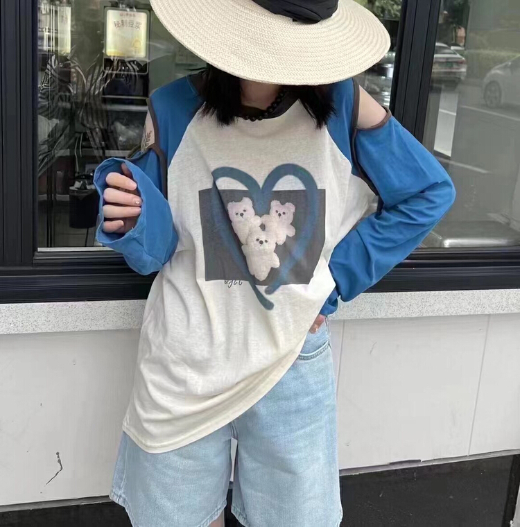 [Xiaolu family] cartoon round neck contrast color patchwork off shoulder sun shirt 80675\wtt