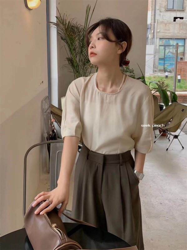 [seek peach] casual simple round neck solid small shirt s8826\ll