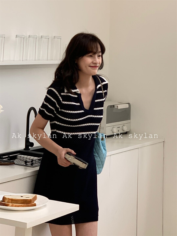 [A.K Skylin] contrast striped knit waist slimming dress 10118\zxl