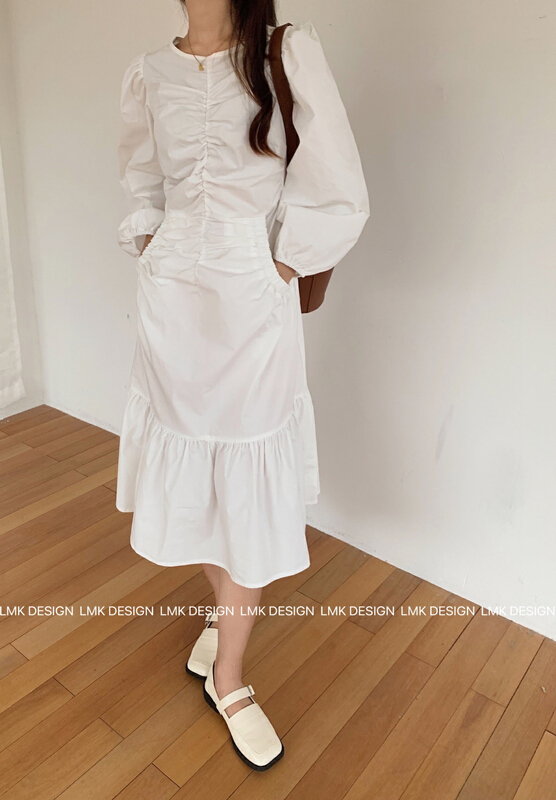Original price 89.11! [LMK] round neck pleated double pocket solid long dress 2159\hjy
