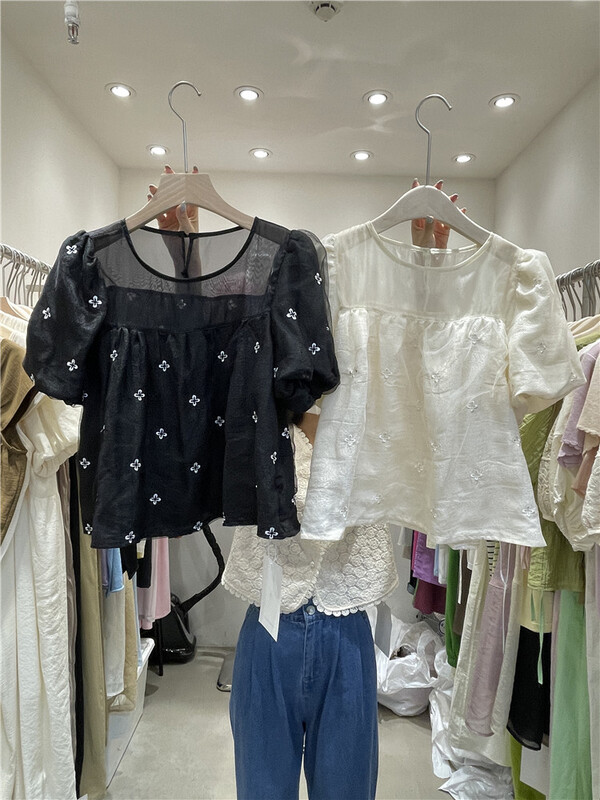 【E】 Bubble sleeve round neck loose short sleeve T-shirt j066\y