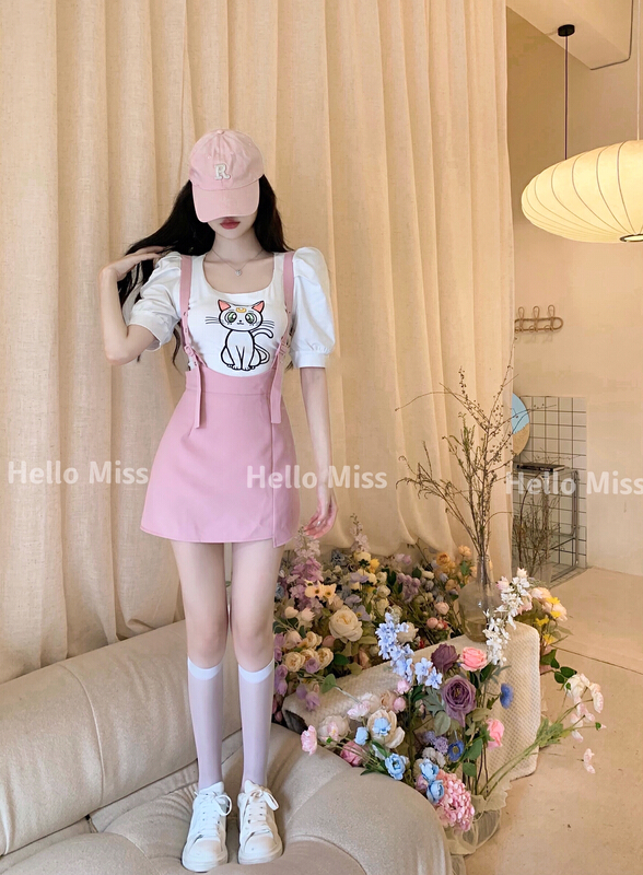 [Hello Miss] cat printed short sleeve T-shirt + hip strap skirt set 6359\pcz