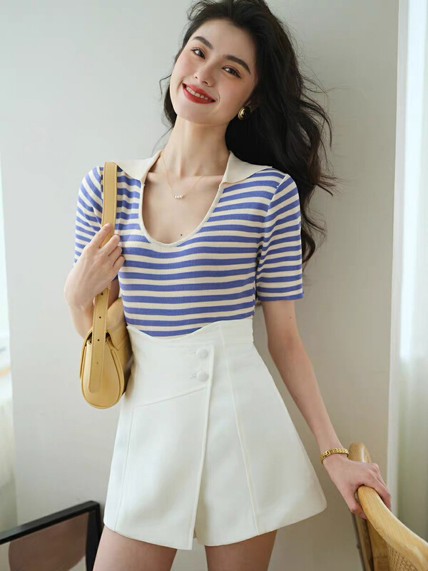 [Huaxi] stripe design Short Sleeve T-Shirt Korean slim solid color skirt pants set 9210\pcz