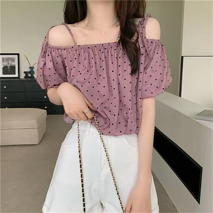 [t+] off shoulder strap off shoulder Polka Dot Shirt 943\ll