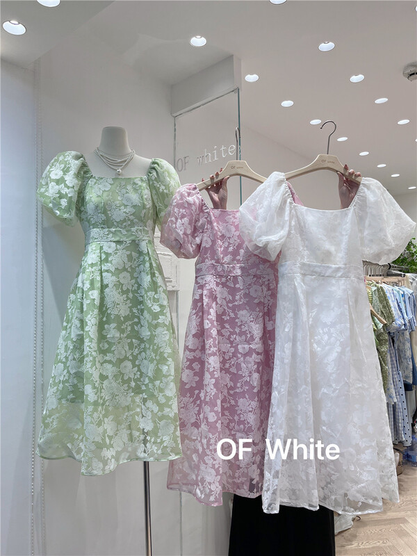 [of white] Korean version lady square neck high waist dress 881533\hjy