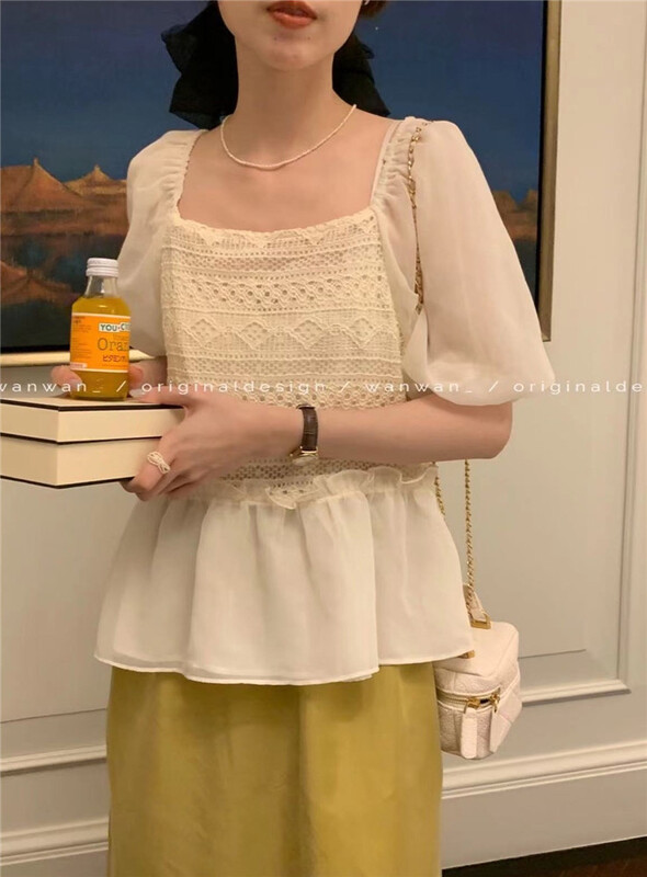 [wanwan] square neck small fresh woven lace blouse 6772\hbx