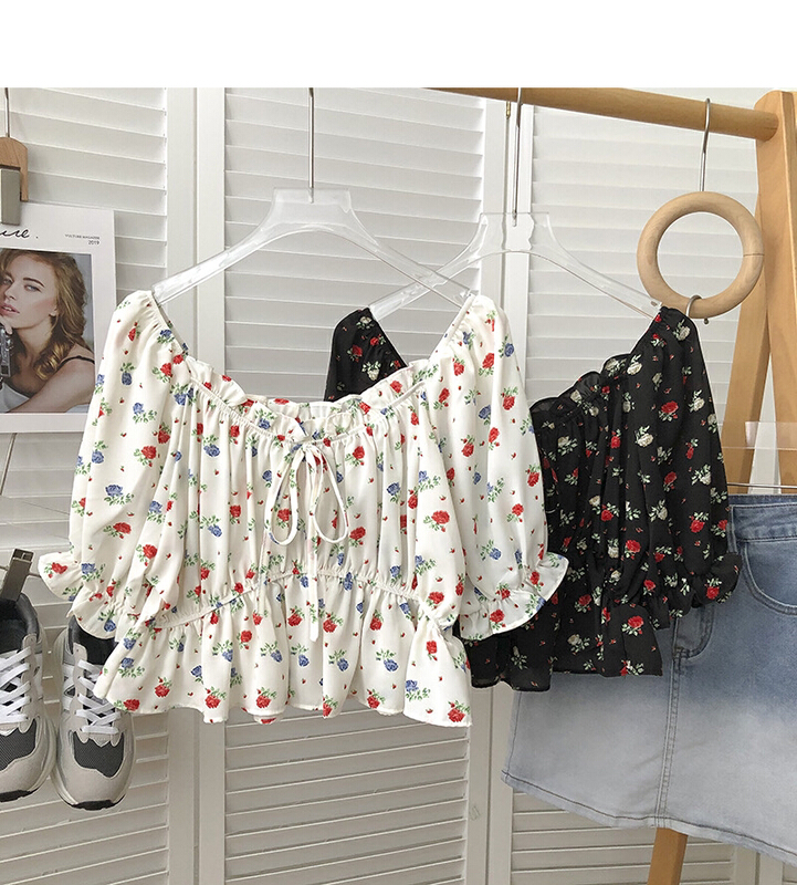 [Gangan] fashion one line collar lace up floral versatile shirt 2266\cl