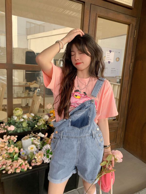 [Miss Korea] leisure simple waist closing and thin denim strap pants 6815\hbx