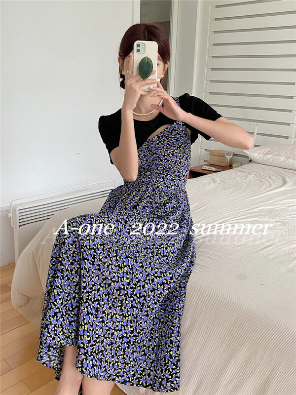 [A-One] Korean style round neck irregular blouse + floral suspender dress two sets 22131\hjy